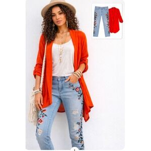 Sandpiper Petite Embroidered Distressed Jeans & Kasper Orange Cardigan Set 8P